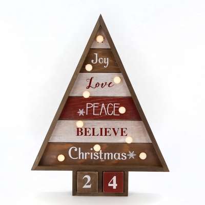 2019 Hot Sale Wooden Christmas Advent Calendar Tree with 2 Wooden Numeric Blocks and 10 LED Lights