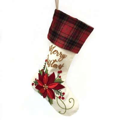 20" Burlap Poinsettia Decorative Christmas Stocking Craft Holiday Tree Hanging Socks Ornament 3PCS Assortment