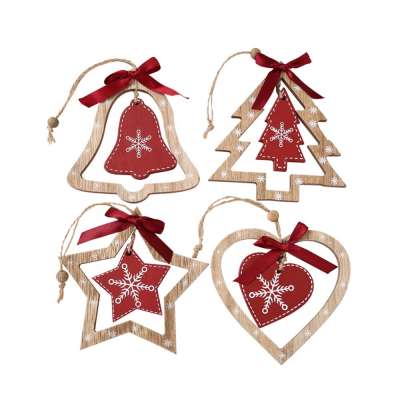 Wooden Star Heart Tree and Bell Christmas Hanging Ornaments Christmas Decorations 4Pcs Assortment